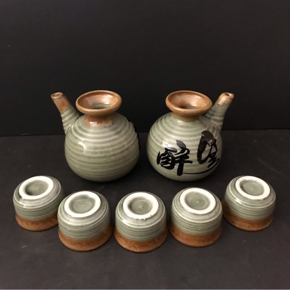 Vintage traditional Hagi-Yagi Pottery with double TEA / SAKE set with 5 tea cups - Picture 2 of 9